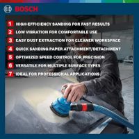Picture of BOSCH GEX 125 Professional Random Orbit Sander | 280 W| Sanding Pad of 125 mm | No-load Speed 7,500 – 12,000 RPM | Orbital Stroke Rate of 15,000 – 24,000| Low Vibration Level 3.8 m/s²| 1 Yr Warranty
